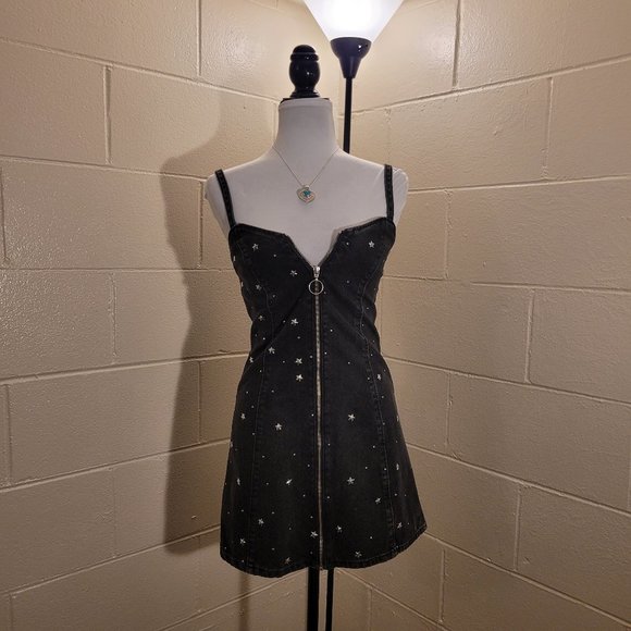 Black Denim Star Studded A Line Moto Mini Dress - Picture 2 of 7